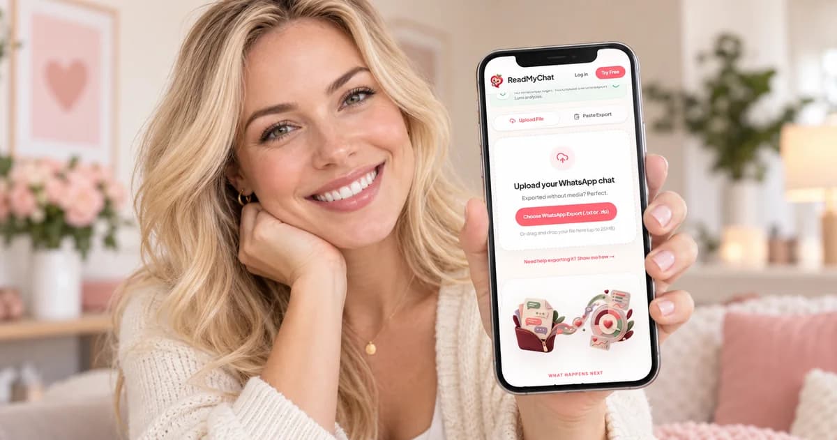 Woman holding a phone with the ReadMyChat app open