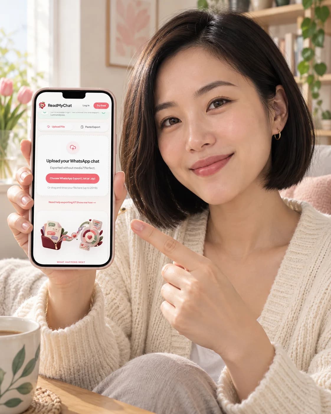 Woman at home showing the ReadMyChat upload experience on her phone